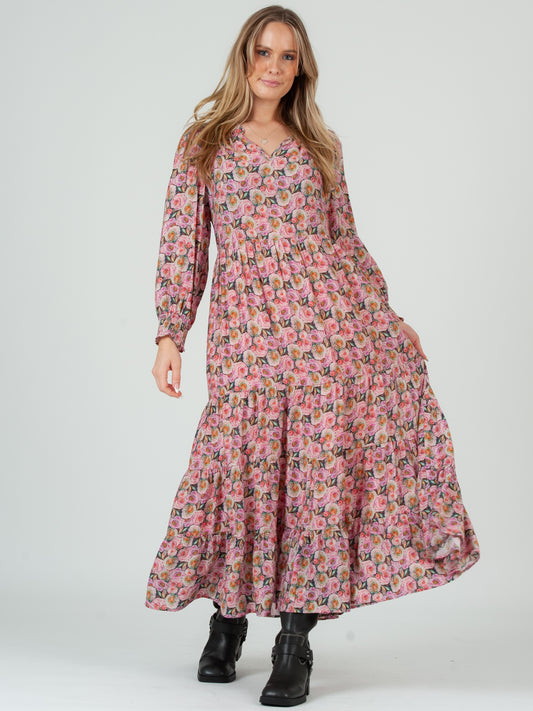 Women’s Rose Floral Long Sleeve Maxi Tier Dress