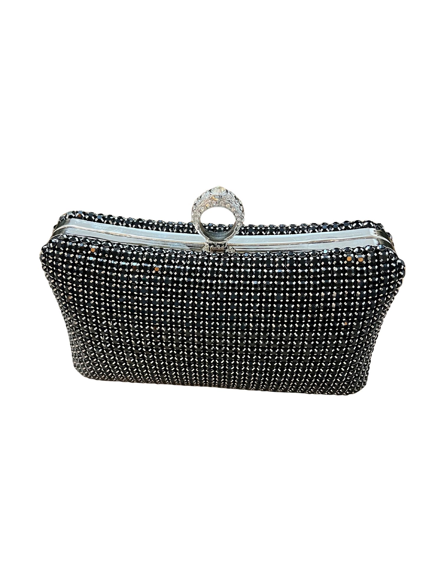 Women’s Black Rhinestone Clutch with Ring Handle