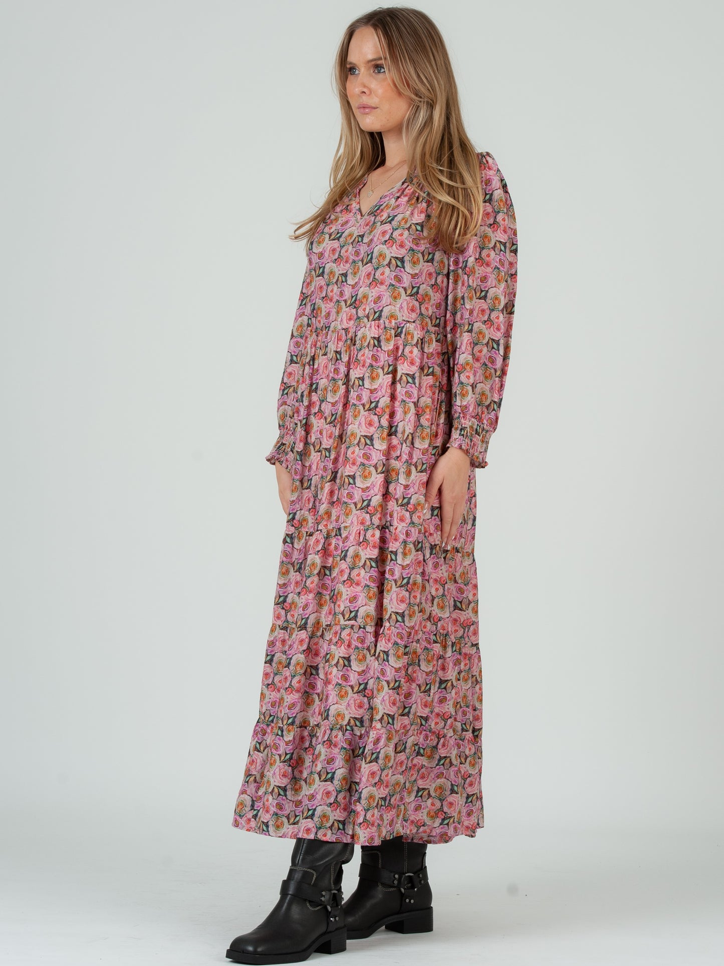 Women’s Rose Floral Long Sleeve Maxi Tier Dress