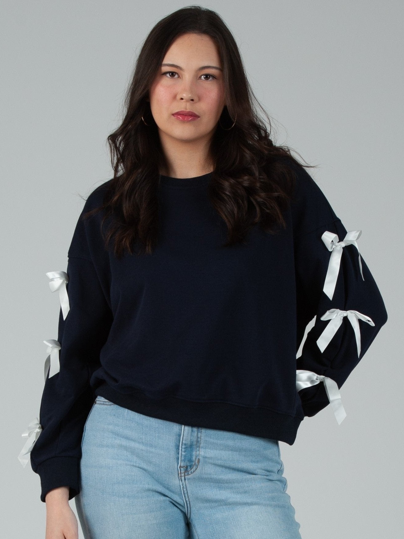 Women’s French Terry Crew Neck Sweatshirt with Bow Sleeve Detail
