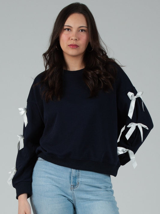 Women’s French Terry Crew Neck Sweatshirt with Bow Sleeve Detail