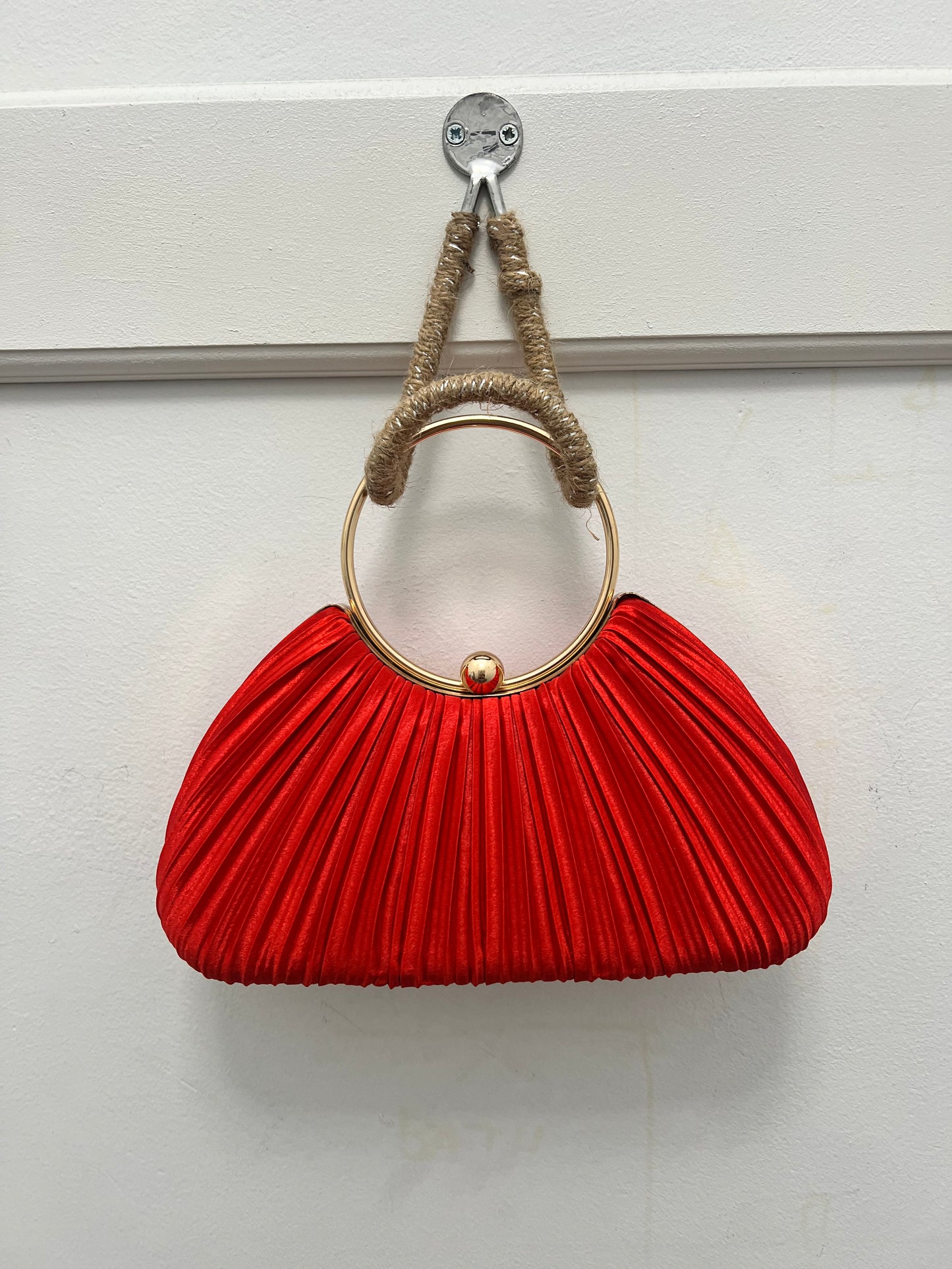 Women’s Ruby Pleated Satin Gold Ring Handle Clutch Purse