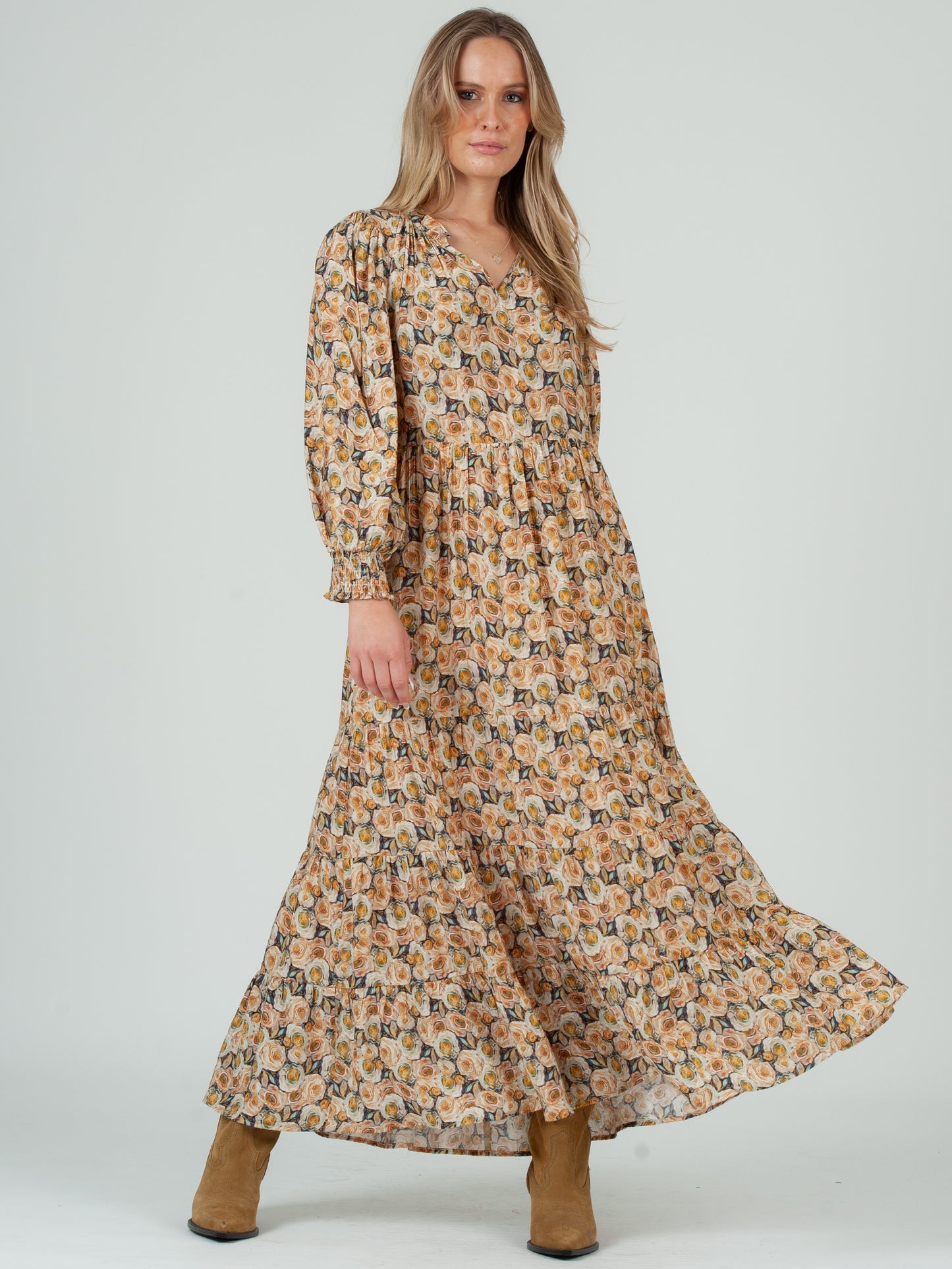 Women’s Rose Floral Long Sleeve Maxi Tier Dress