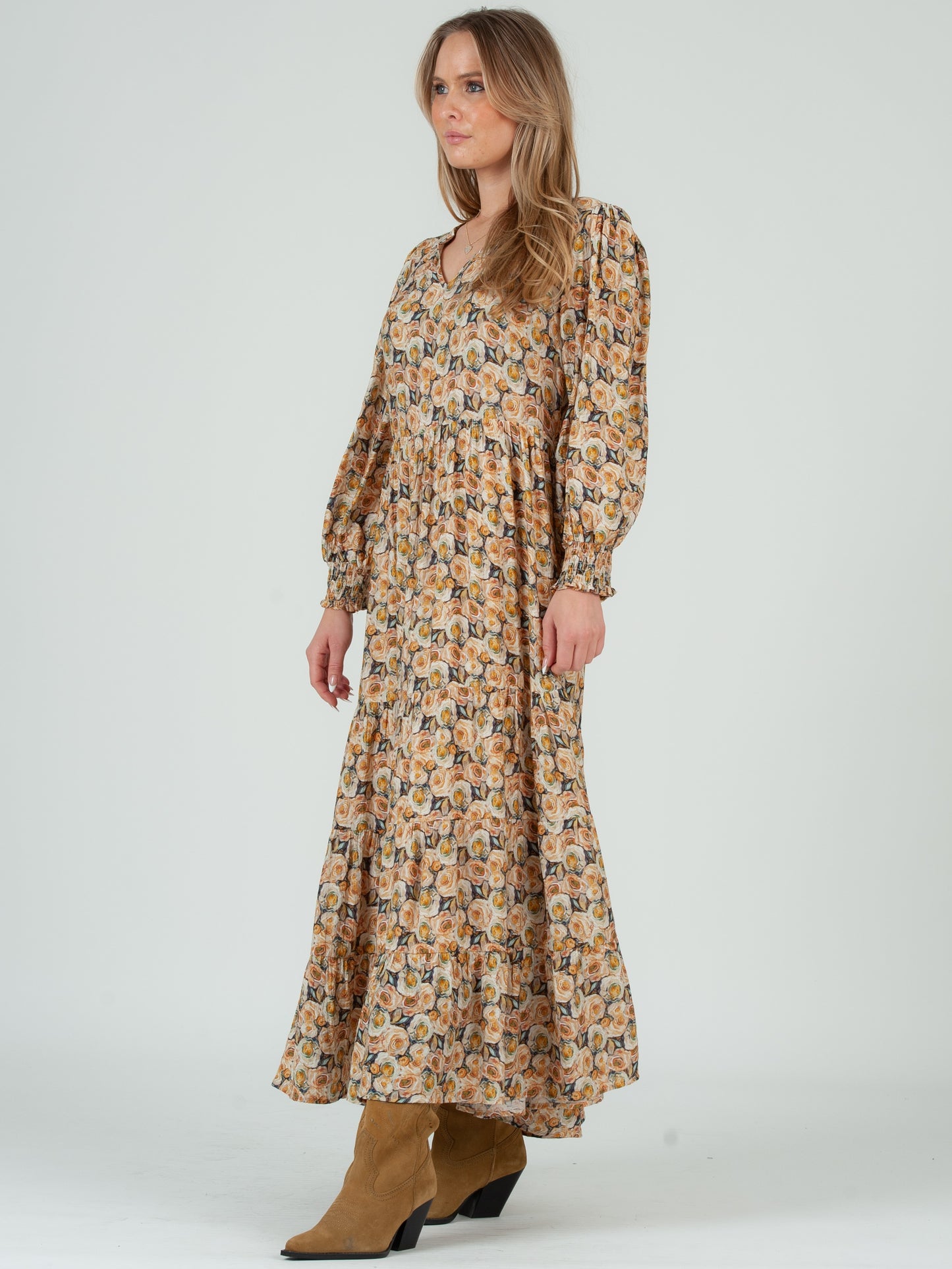 Women’s Rose Floral Long Sleeve Maxi Tier Dress