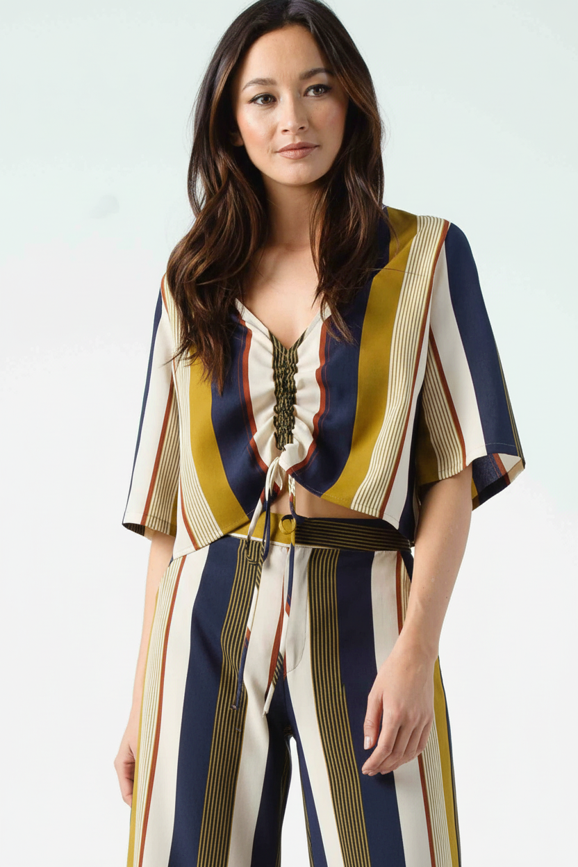 Women’s Striped Short Sleeve Ruched Front Blouse