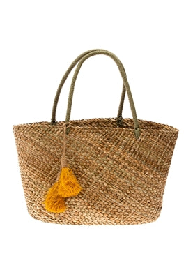Handwoven Seagrass Beach Tote with Leaf Straw Tassle
