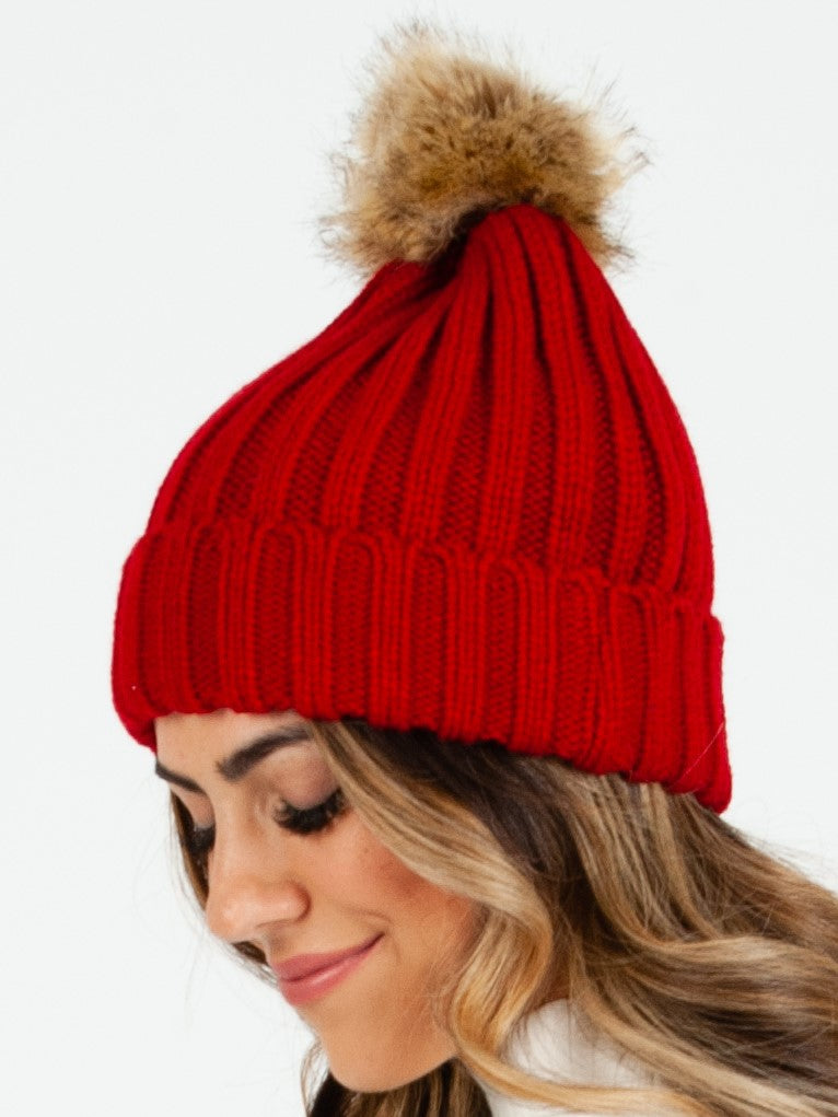 Women’s Ribbed Knit Beanie with Poms