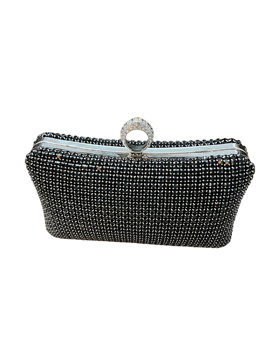 Women’s Black Rhinestone Clutch with Ring Handle