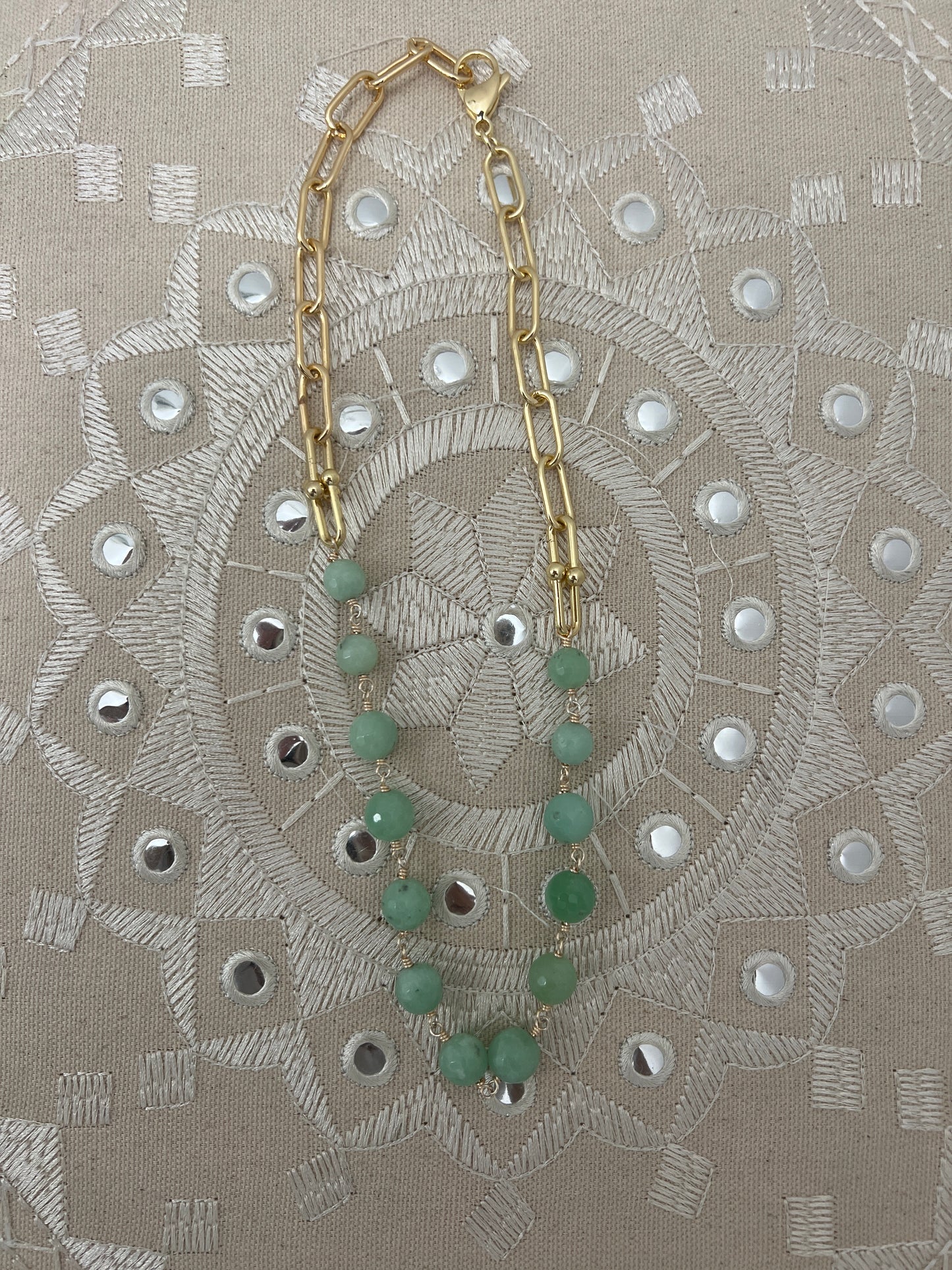 Natural Burmese Green Jade & 18K plated gold paper clip chain Necklace