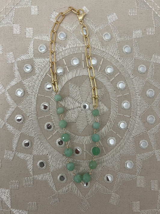 Natural Burmese Green Jade & 18K plated gold paper clip chain Necklace