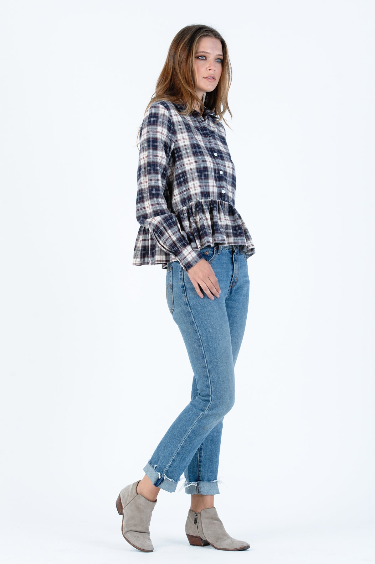 Women’s Navy Flannel Peplum Shirt