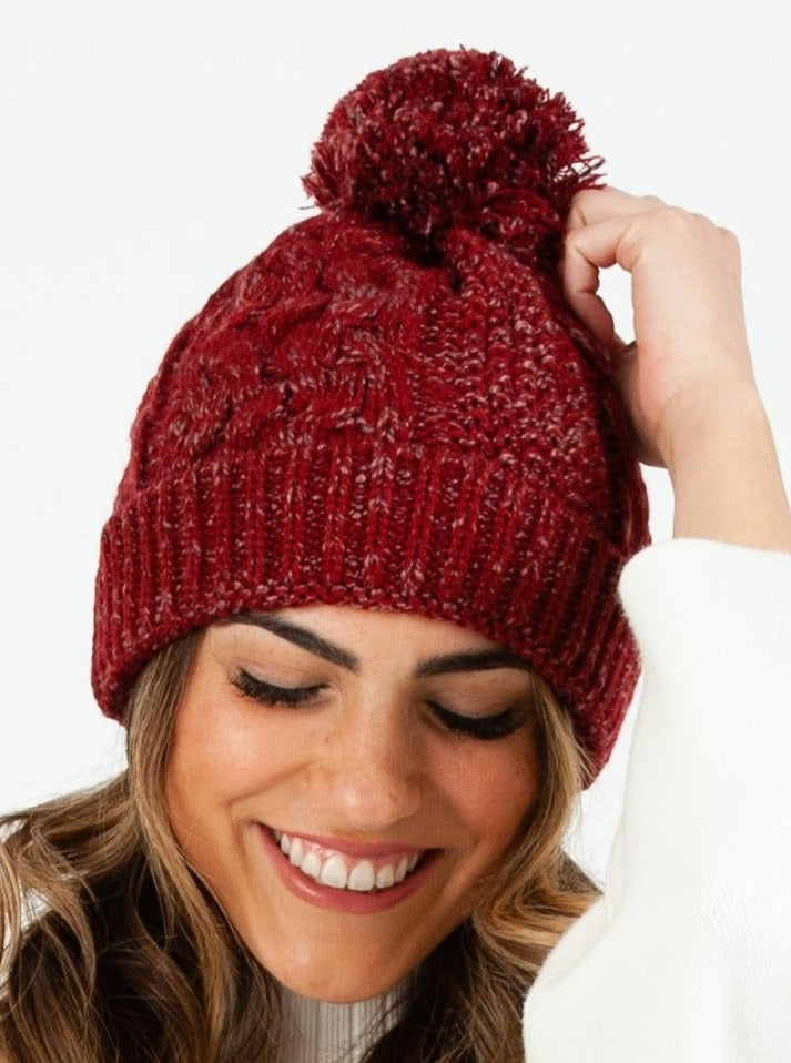 Women’s Marled Knit Cable Beanie with Poms