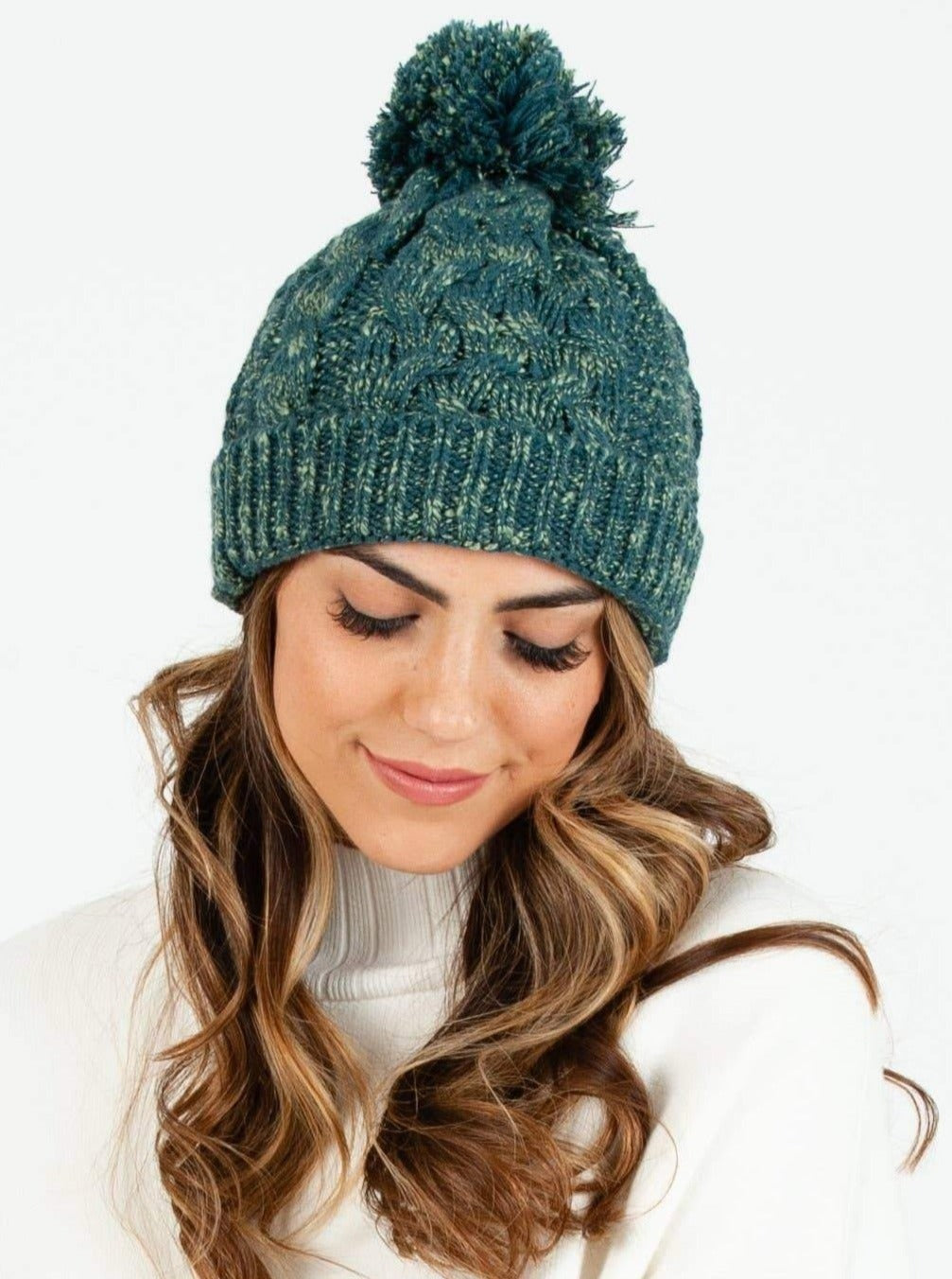Women’s Marled Knit Cable Beanie with Poms