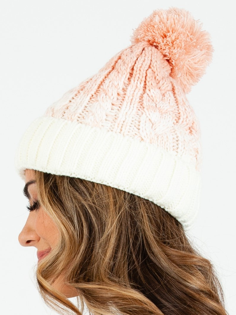 Women’s Fur Lined Ombre Cable Knit Beanie with Poms