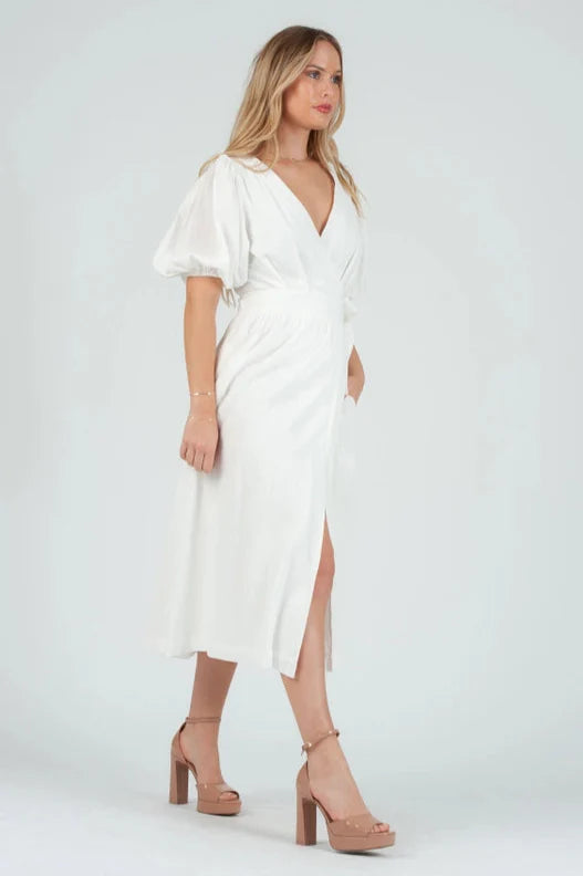 Women's White Linen Wrap Midi Dress