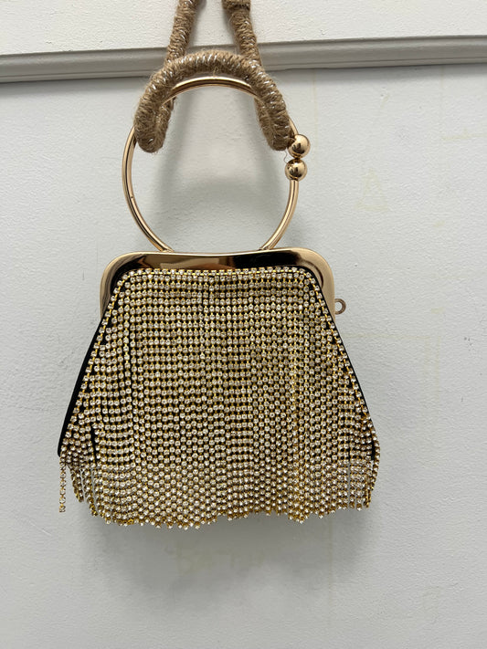 Women’s Gold Rhinestone Cascade Gold Ring Handle Clutch Bag