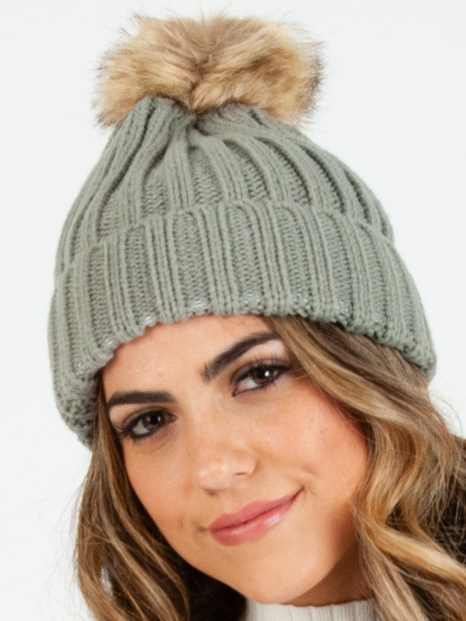 Women’s Ribbed Knit Beanie with Poms