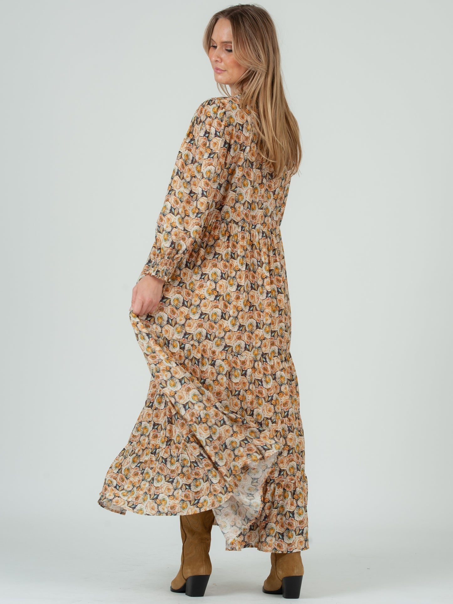 Women’s Rose Floral Long Sleeve Maxi Tier Dress