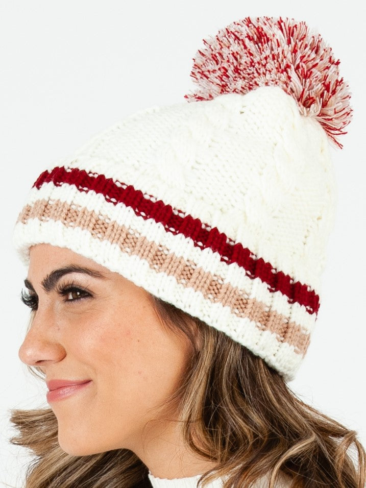 Women’s Fur Lined Varsity Striped Cable Knit Beanie with Poms