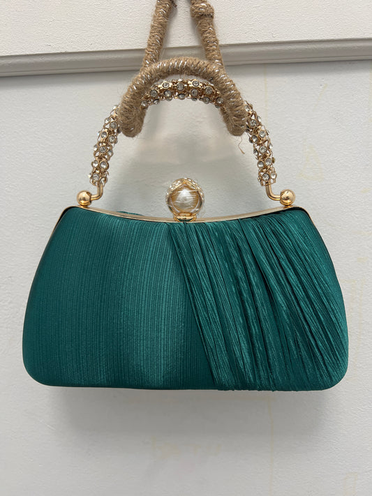 Women’s Satin Pleated Jewel Handle Clutch
