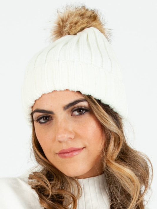 Women’s Ribbed Knit Beanie with Poms