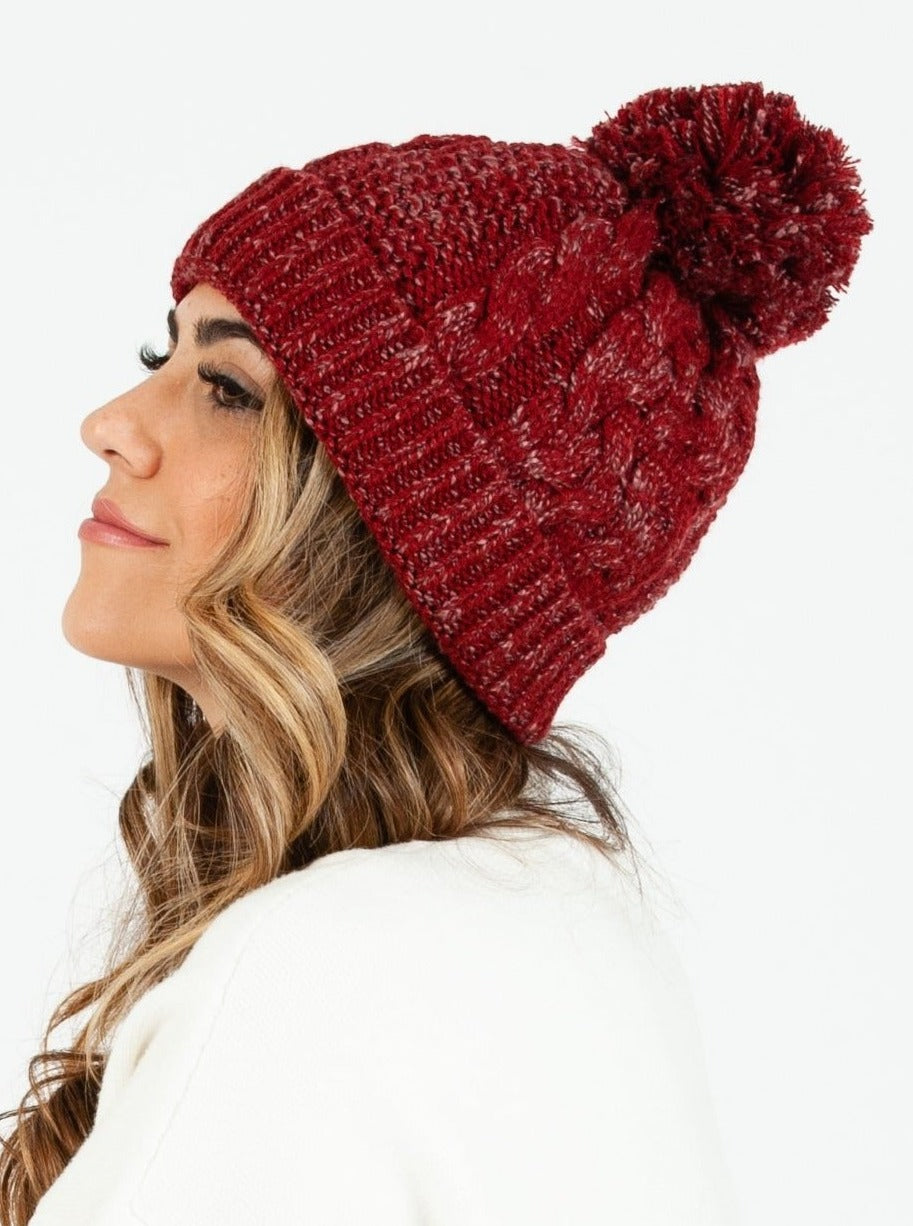 Women’s Marled Knit Cable Beanie with Poms