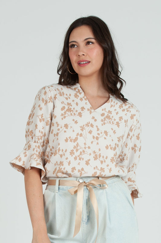 Women's Floral 2 tone Short Sleeve  Blouse