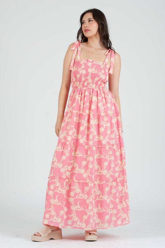Women's Smocked Tiered Maxi Dress with Bow Tie Straps