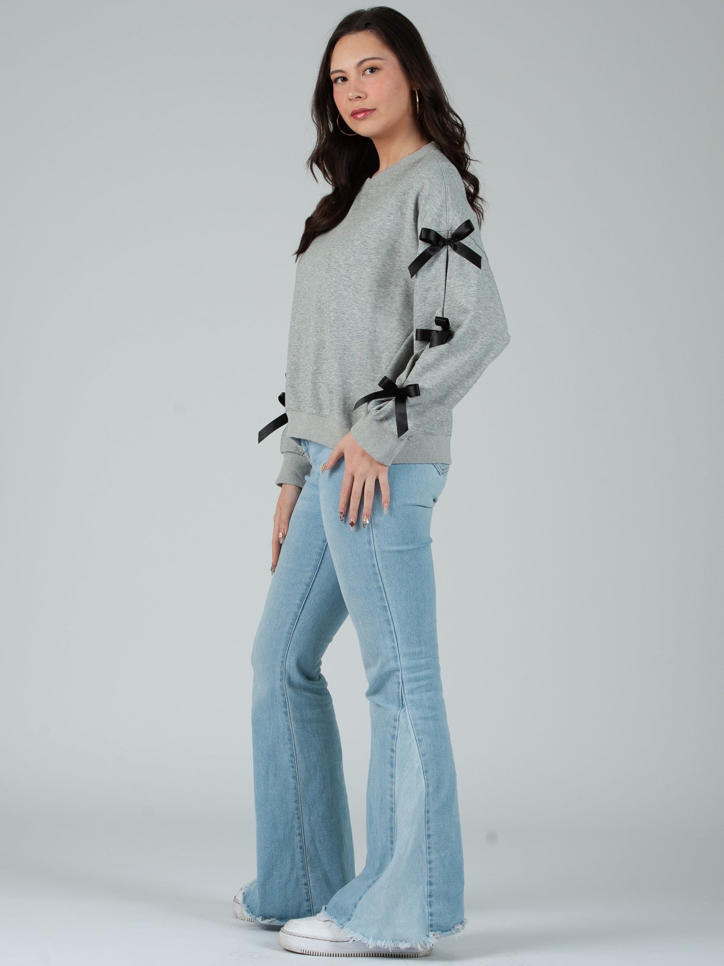 Women’s French Terry Crew Neck Sweatshirt with Bow Sleeve Detail