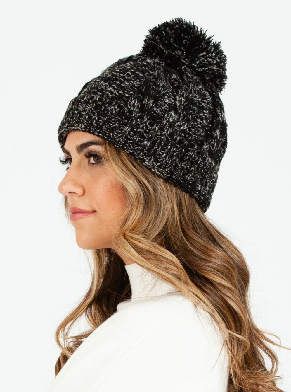 Women’s Marled Knit Cable Beanie with Poms