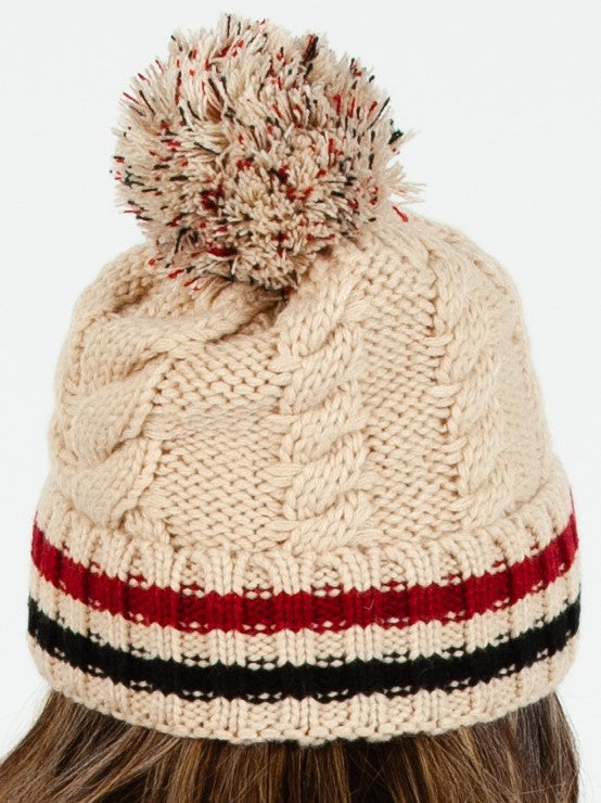 Women’s Fur Lined Varsity Striped Cable Knit Beanie with Poms