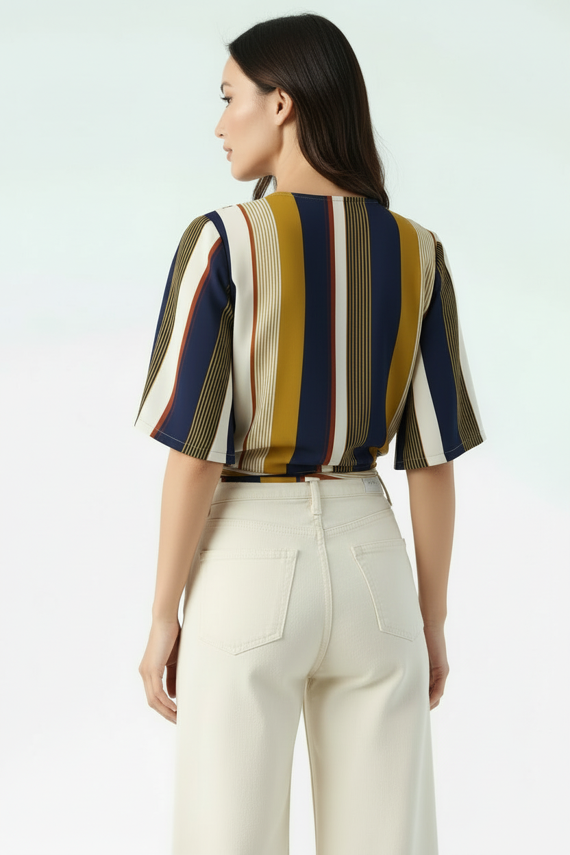 Women’s Striped Short Sleeve Ruched Front Blouse