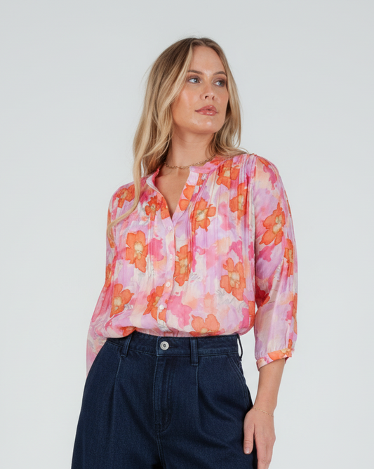 Women's Pink Floral Tencel pintuck blouse