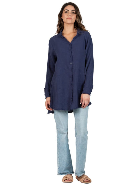 Women's Solid Double Gauze Button Down Tunic Top in Navy