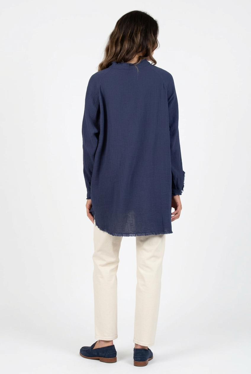 Women's Solid Double Gauze Button Down Tunic Top in Navy