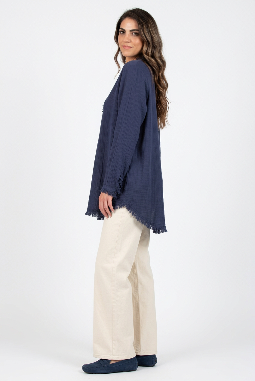 Women's Solid Double Gauze Button Down Tunic Top in Navy