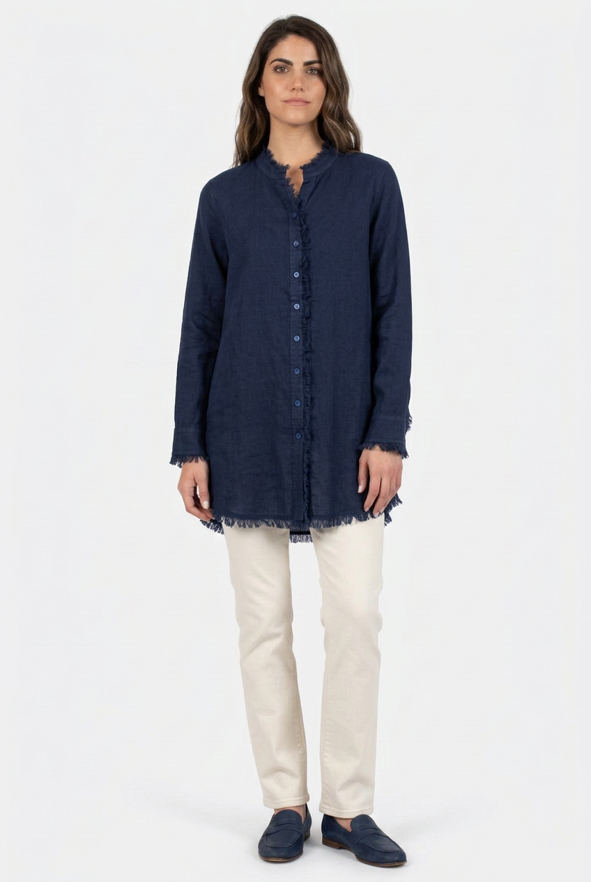 Women's Solid Double Gauze Button Down Tunic Top in Navy