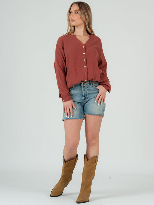 Women's Solid Double Gauze Button Down Tunic Top in Spice