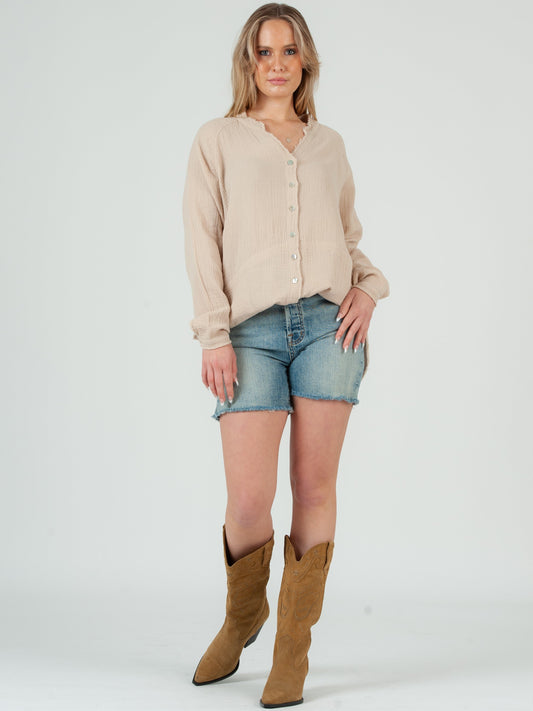 Women's Solid Double Gauze Button Down Tunic Top in Vanilla Latte