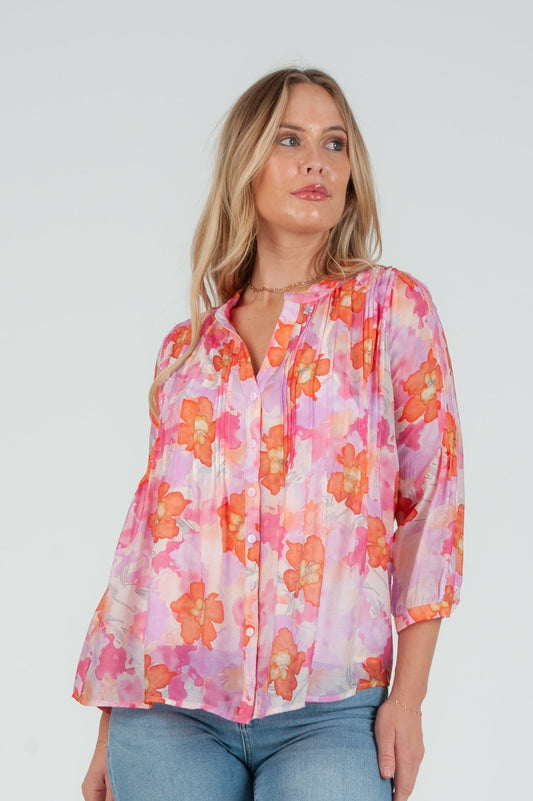 Women's Pink Floral Tencel pintuck blouse