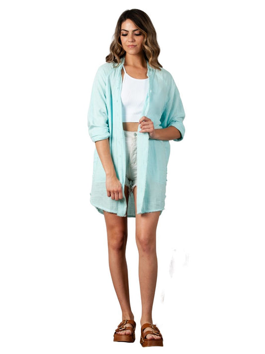 Women's Solid Double Gauze Button Down Tunic Top in Mint