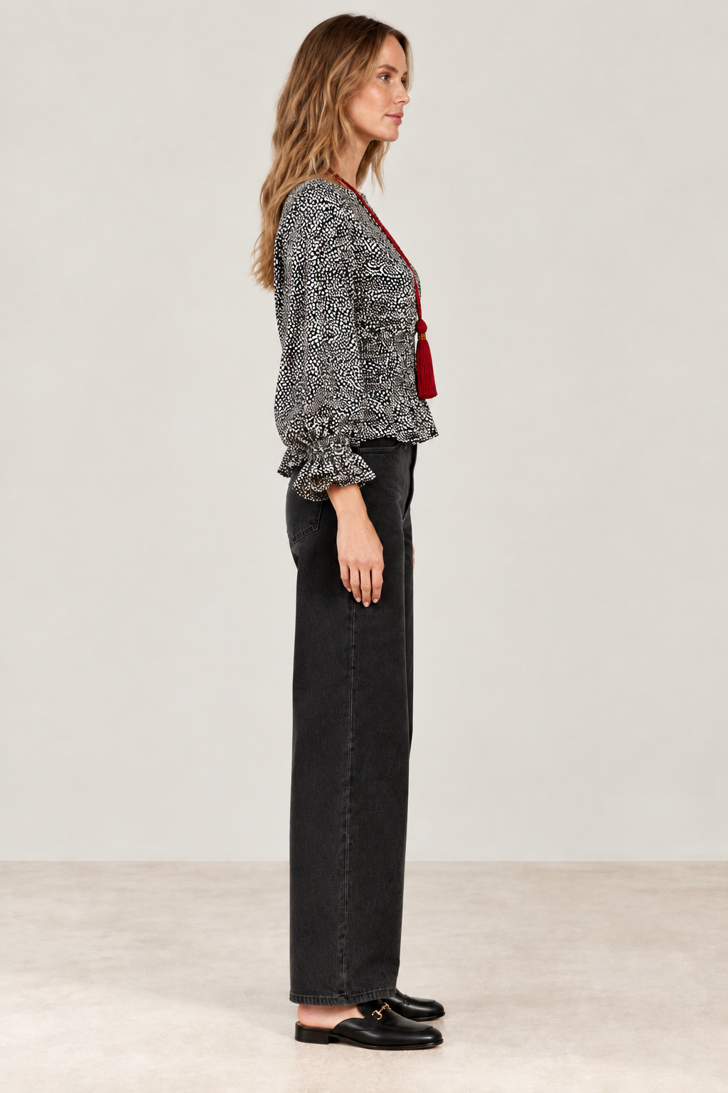 Women's Abstract Doe Print Long Sleeve Peplum Blouse